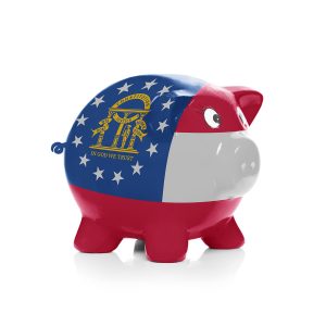 Georgia state flag over piggy bank for taxes