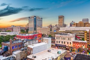 Memphis, Tennessee, USA downtown city skyline over Beale Stree