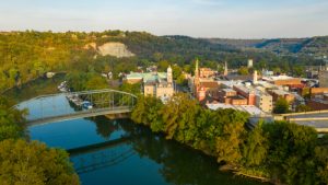 Kentucky River meanders along framing the downtown urban core of Frankfort KY